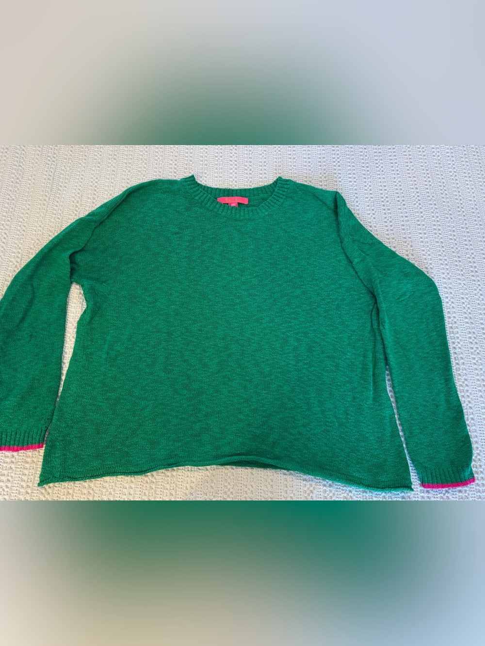 Lilly Pulitzer Green Sweater Pink Cuff Detail Size L